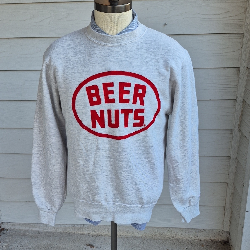 CHAMPION Grey Red BEER NUTS Made in USA Mens Large‎ Crewneck Sweater VTG 80s 90s